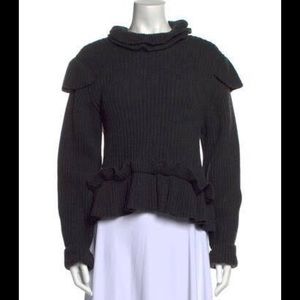 NWT Ganni Recycled Wool Ruffled Rib Knit Frill Open Back Gray Sweater Size: S